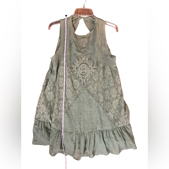 Sage olive green lace overlay open peek a boo back swing dress S boho casual - Picture 4 of 6